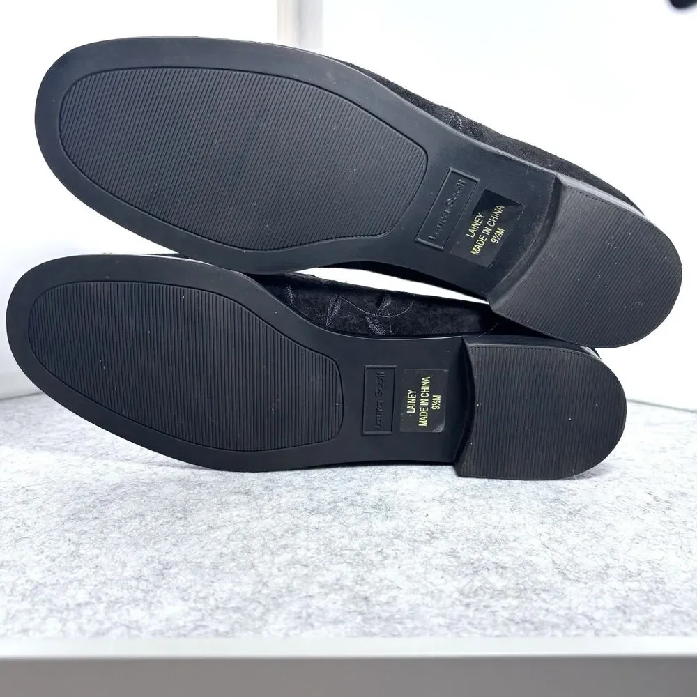 LAURA SCOTT Black Suede Loafers Women’s 9.5M Embossed Floral Slip On Flats